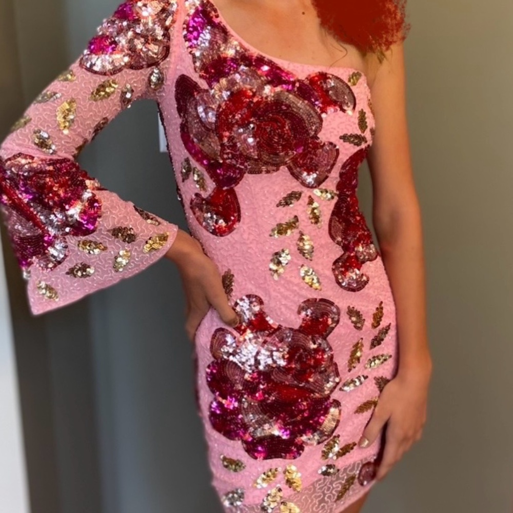 Primavera Couture Pink Sequin One Sleeve Homecoming Dress